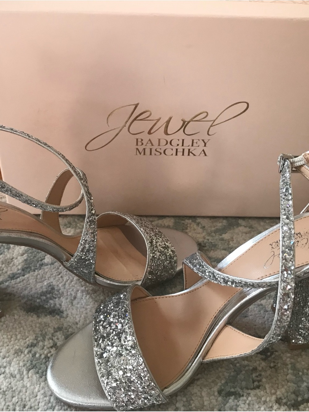 Badgley Mischka Silver Glitter Strappy Heels